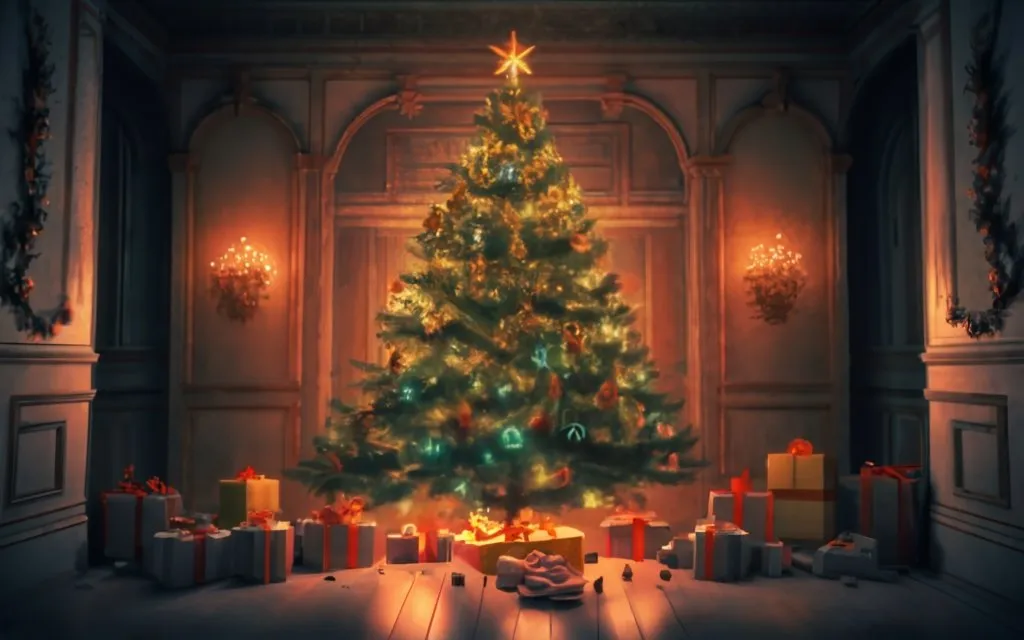 heermoso_rbol_de_Navidad_lleno_de_luces_typogr